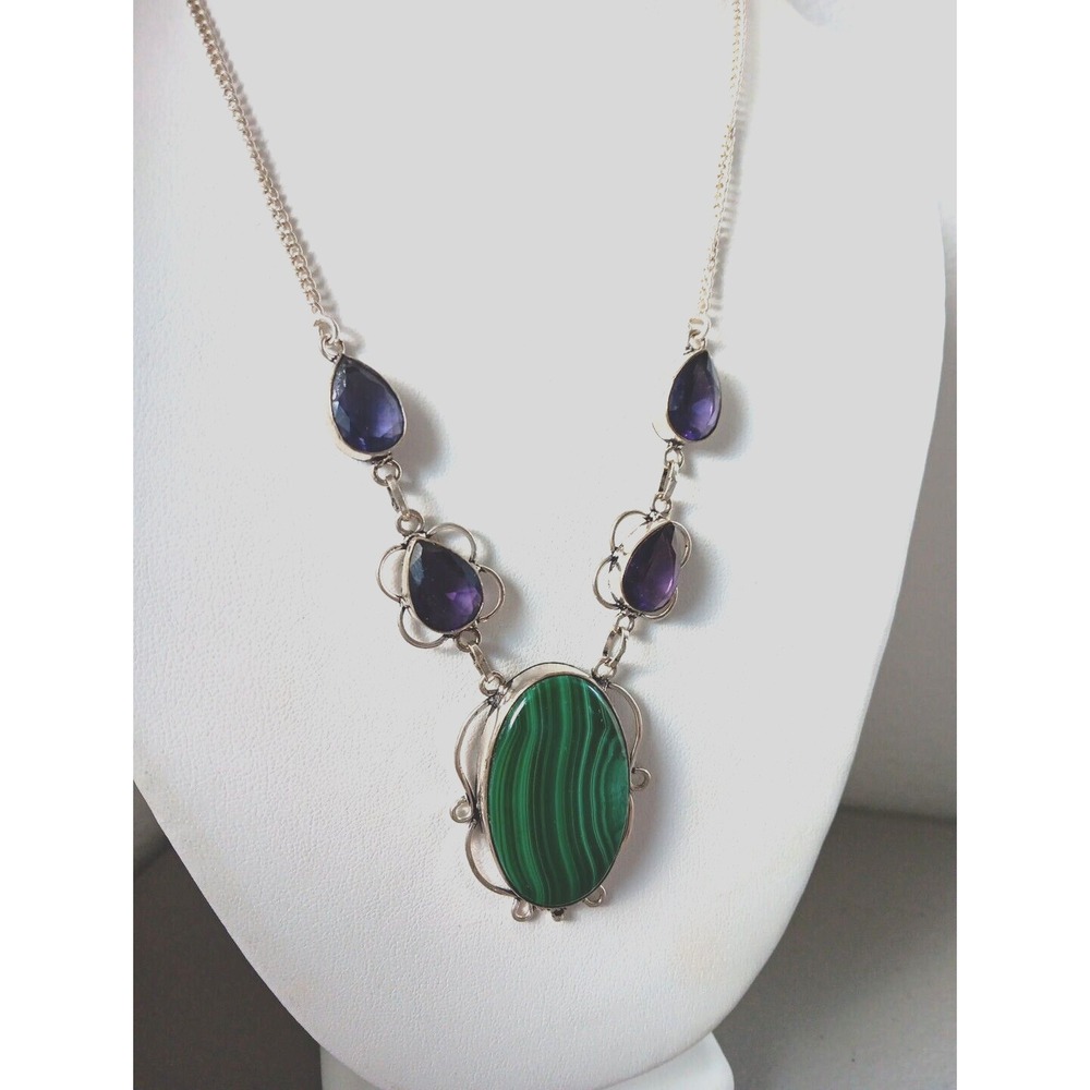 Silver 925 Framed Malachite Necklace Surrounded by Teardrop Amethyst BOHO MCM - Picture 2 of 6